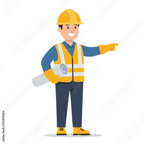 A happy male construction worker wearing a hard hat and safety vest points confidently while holding blueprints, symbolizing guidance and project management.