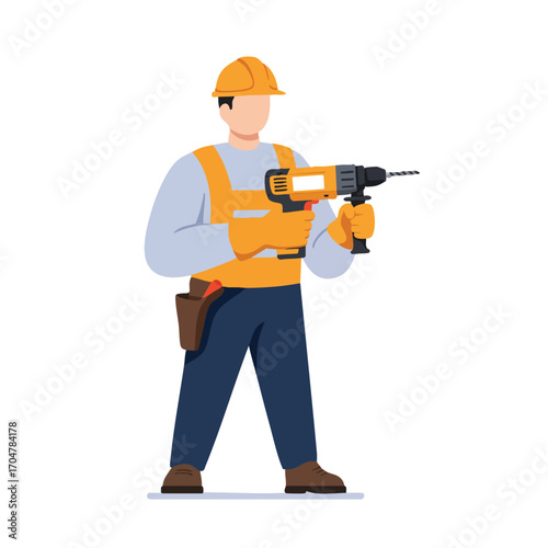 A skilled construction worker wearing safety gear holds a powerful electric drill, ready to perform professional building tasks and repairs.