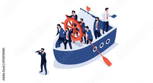 Team of professionals steering a ship towards a bright future.