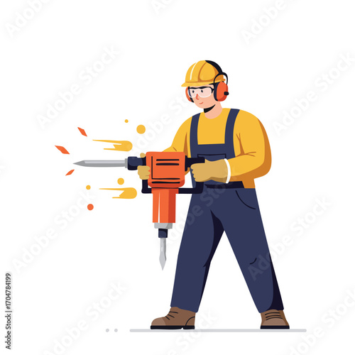 A diligent construction worker, equipped with protective gear, skillfully operates a powerful jackhammer, breaking ground on a new project.