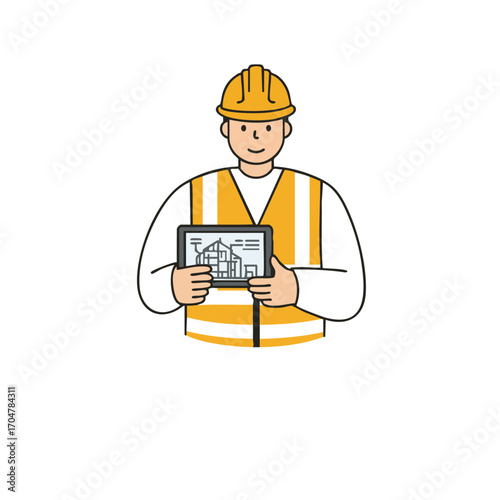 A male construction worker in a hard hat and safety vest holds a tablet displaying architectural plans, representing modern building and engineering.