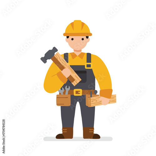 An approachable flat design illustration depicts a skilled male builder in a yellow hard hat, holding a hammer and wooden planks, ready for work.