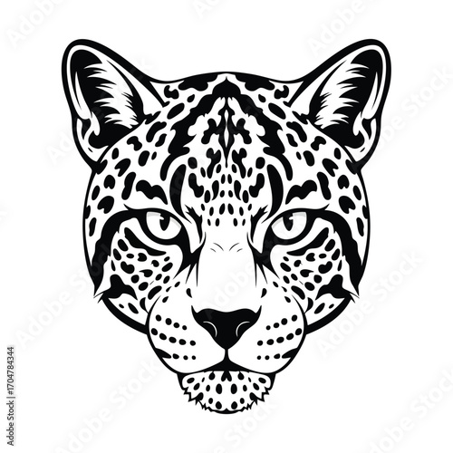 Symmetrical black and white graphic illustration of a fierce leopard head with a spotted coat.