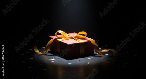 Elegant red gift box tied with a golden ribbon, highlighted by a spotlight with sparkling confetti on a dark surface