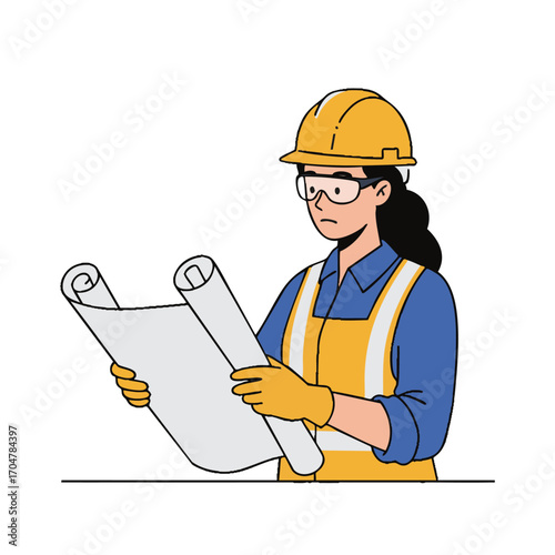 A diligent female engineer in a hard hat and safety gear meticulously reviews architectural blueprints on a construction site, ensuring project accuracy.
