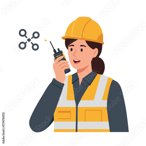 A confident female engineer in a safety vest and hard hat communicates via walkie-talkie, possibly coordinating drone operations on a modern construction site.