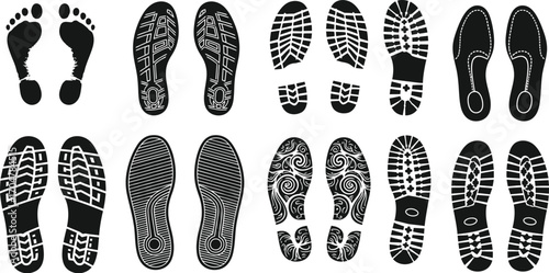 Collection of diverse footprints and shoe sole imprints