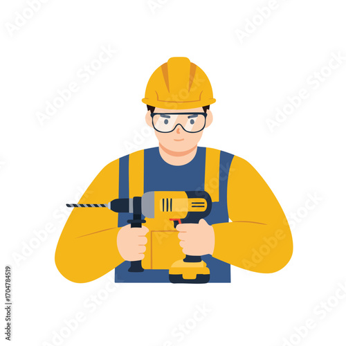 A diligent construction worker, equipped with a hard hat and protective glasses, skillfully operates a powerful cordless drill, highlighting professional precision.