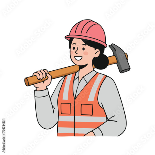 A smiling female construction worker, wearing a safety vest and pink hard hat, confidently carries a hammer, symbolizing empowerment in the trades.