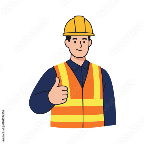 A cheerful construction worker wearing a safety vest and hardhat gives a confident thumbs-up gesture, symbolizing approval and job satisfaction.