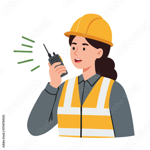 A focused female engineer, dressed in protective gear including a hard hat and safety vest, uses a walkie-talkie for essential on-site communication.