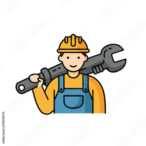 A skilled male worker in a hard hat and overalls, confidently carrying a large wrench, symbolizing professional repair and maintenance.