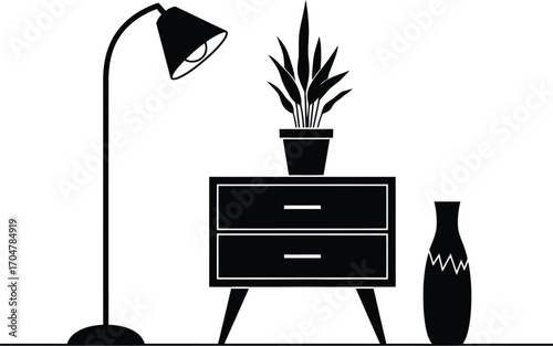 Modern minimalist interior scene with a floor lamp, plant, and vase on a nightstand.