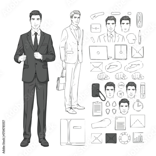Vector illustration set of a handsome young businessman in a formal suit with office accessories and icons.
