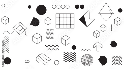 Set of lots of vector geometric shapes. Memphis trendy graphic elements. Template for your project, advertising, banner, poster, t-shirt