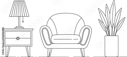 Cozy armchair with a lamp and potted plant, perfect for a comfortable living space.