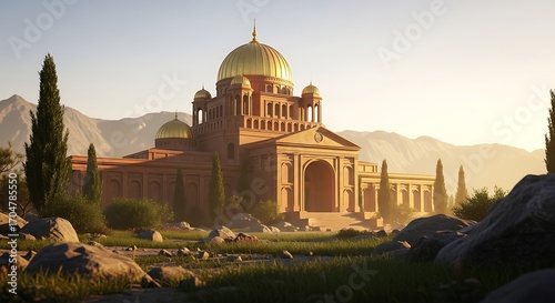 Ancient Majestic Building in Sunny Landscape.