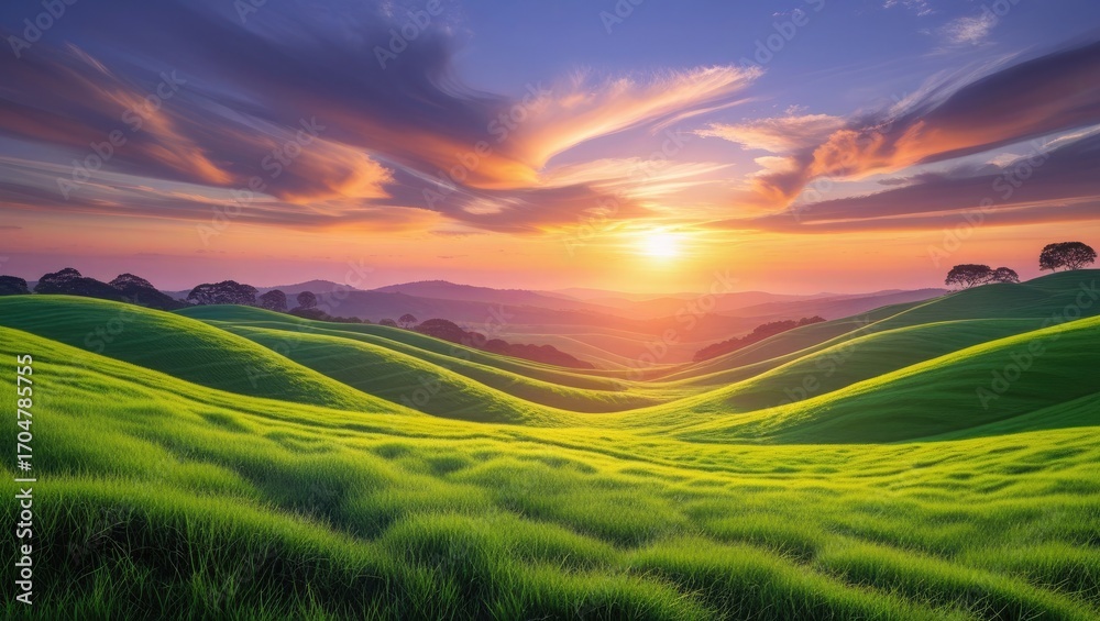 Obraz premium Sunset landscape hills green fields nature scenic beauty peaceful evening sky clouds horizon view