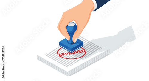 A hand is stamping a document with the word approved in red ink.