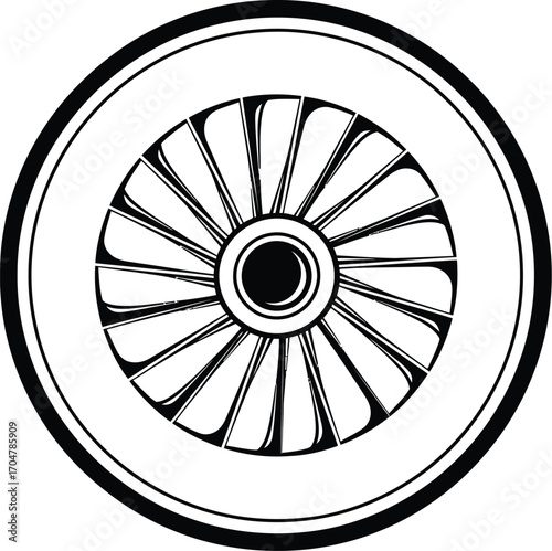 Stylized illustration of a jet engine turbine within a circular frame.