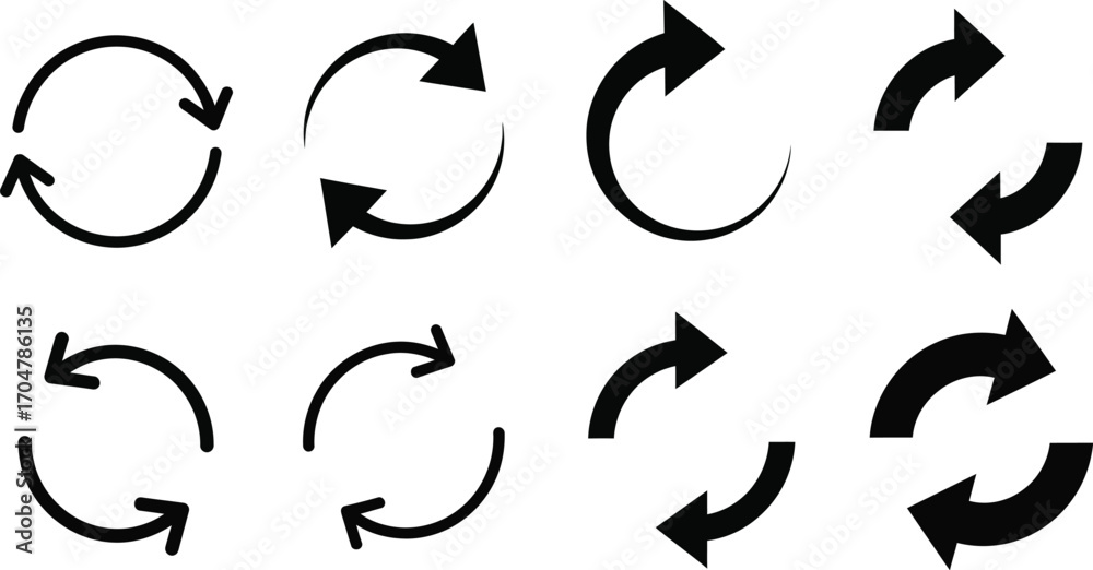 Obraz premium Collection of simple black circular arrows indicating rotation and refresh on a clean white background