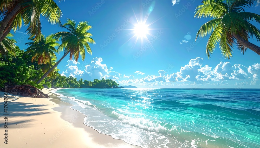 Fototapeta premium Stunning Tropical Beach Paradise with Palm Trees.