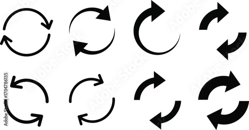 Collection of simple black circular arrows indicating rotation and refresh on a clean white background