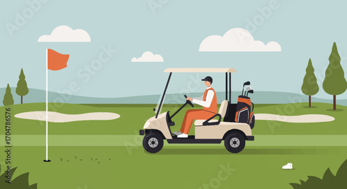 Vector illustration of a man driving a golf cart on a scenic green course with a flag and trees in the background