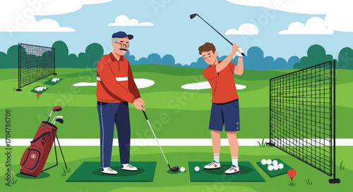 An older experienced golfer teaching a young man the fundamentals of the swing at a driving range, a scene of mentorship and sport