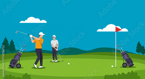 Golfers on a sunny day, putting and swinging on a green course with flag and golf bags