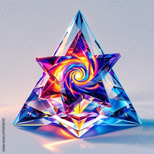 Vibrant Crystal Pyramid with a Swirling Star Core a Cosmic Gemstone Reflection