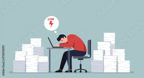 Exhausted office worker suffering burnout and low energy, slumped at desk surrounded by excessive paperwork, depicting intense work pressure, stress, and fatigue from workload
