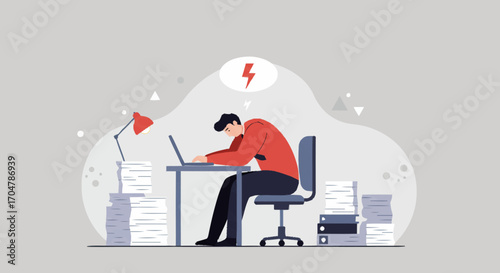 Flat vector illustration of a professional experiencing severe burnout at a desk, overwhelmed by a heavy workload, symbolizing exhaustion, workplace stress, and mental fatigue