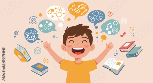 A joyful young boy's imagination comes to life with graphic icons representing diverse educational subjects and creative ideas