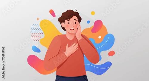 Feeling of toothache, discomfort, and dental pain, illustrated by a person holding their cheek in distress