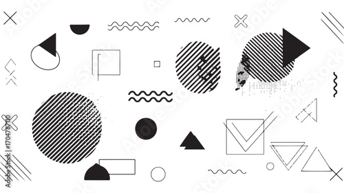 Geometric abstract elements memphis style. Set of funky bold constructivism graphics for posters, flyers. Vector yellow and black minimal shapes for modern cover design