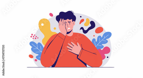 A distressed man clutches his face in despair, a flat vector illustration representing anxiety, mental health issues, and emotional burnout