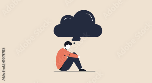 Conceptual illustration depicting a person overcome by negative thoughts and sadness, with a dark cloud symbolizing depression, anxiety, and mental health challenges
