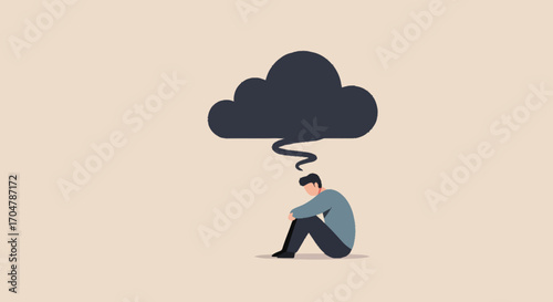 Person sitting in despair with a dark cloud of negative thoughts hovering over their head, symbolizing depression and mental health struggles