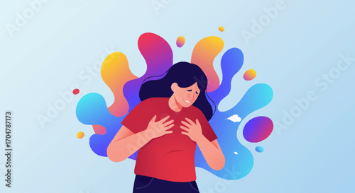 Illustration of a Person Experiencing Chest Pain or Anxiety with Colorful Abstract Background