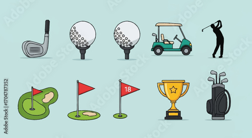 Set of flat style golf sport icons and graphic elements. A collection of vector illustrations showing game equipment and symbols for design fx