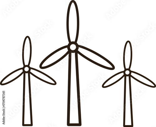 three wind turbines are shown in a line drawing