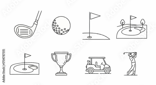 Golf Icons Set of Line Art Illustrations for Sports and Activities, Featuring Golf Clubs and Balls