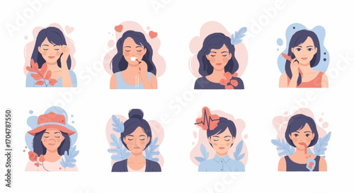 Diverse vector portraits of women, depicting various expressions, hairstyles, and natural motifs. Ideal for designs related to beauty, self-care, and individuality