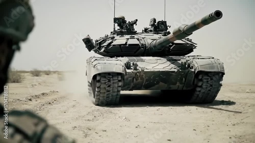 A formidable main battle tank maneuvers across a dusty desert landscape during a military operation