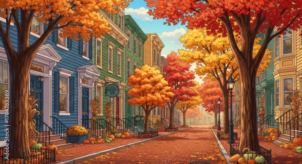 Naklejka premium Vibrant Autumn Street Scene With Colorful Trees and Buildings