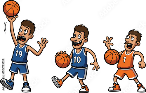 Cartoon Basketball Players in Action Poses – Dribbling, Shooting, Passing – Dynamic Sports Vector for Athletic, Youth, and Team Concepts