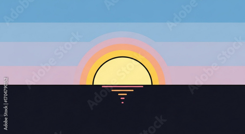 A minimalist sunset illustration with warm colors reflecting on the water, evoking tranquility
