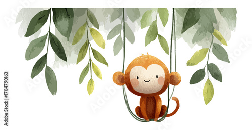 Cute monkey swinging among lush foliage