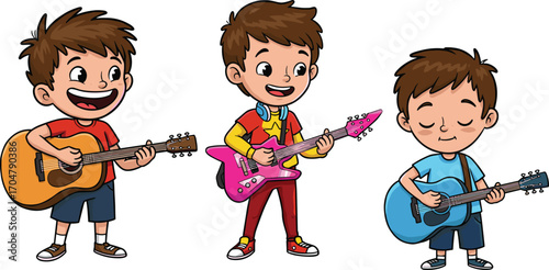 Cartoon boys playing guitars – acoustic and electric – cheerful music scene with expressive poses and colorful outfits – vector illustration for kids